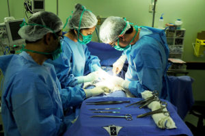 Três profissionais da saúde estão no Centro cirúrgico realizando uma cirurgia